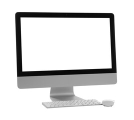 New computer with blank monitor screen, keyboard and mouse on white background