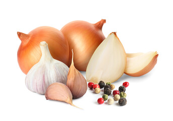 Fresh onions, mixed peppercorns, garlic bulb and cloves on white background