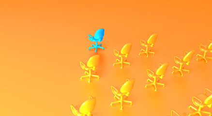 Office chairs competing with each other. Leadership concept. We are hiring. 3D Rendering. 