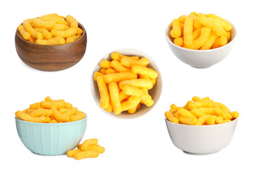 Bowls with tasty corn sticks on white background, collage design