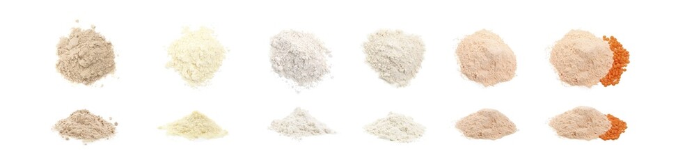 Different types of flour on white background, top and side views. Collage design