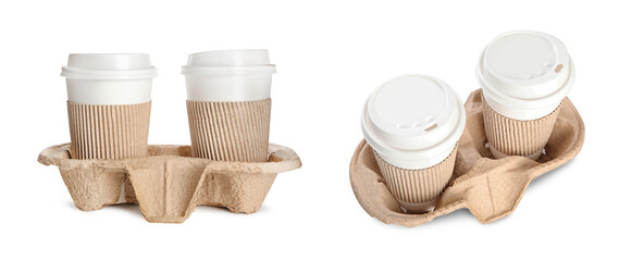 Takeaway paper cups with coffee in cardboard holder isolated on white, different sides. Collage design