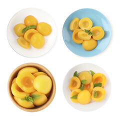 Collage with tasty canned peaches isolated on white, top view