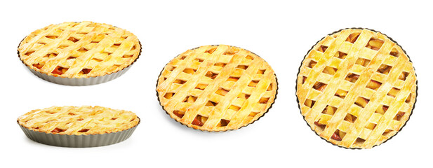 Collage with delicious peach pie on white background, different sides