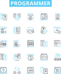 Programmer vector line icons set. Developer, Coder, Engineer, Technician, Analyst, Designer, Hacker illustration outline concept symbols and signs