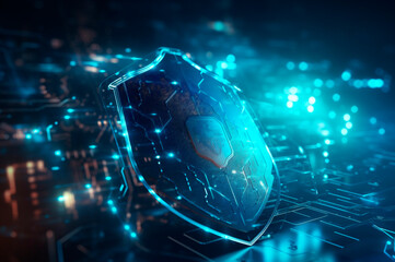 Naklejka na ściany i meble digital cyber security concept, shield on circuit board background with blue lights. abstract technology background. AI generated