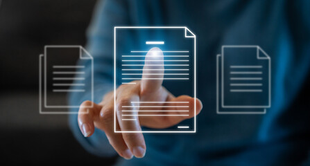 Human touch screen with online document file management, information, system, DMS, online documentation database, manage files, enterprise with ERP.search and manage document business technology © JOURNEY STUDIO7