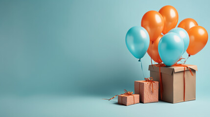 Beautifully Wrapped Gifts with Ribbons and Balloons on Light Blue Backdrop - Masculine Fathers Day and Boys Birthday Colors - Generative AI