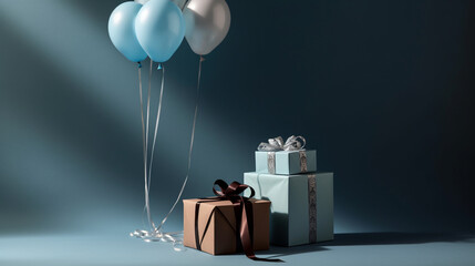 Beautifully Wrapped Gifts with Ribbons and Balloons on Light Blue Backdrop - Masculine Fathers Day and Boys Birthday Colors - Generative AI