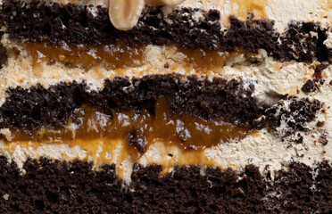 a piece of chocolate cake with caramel and peanuts