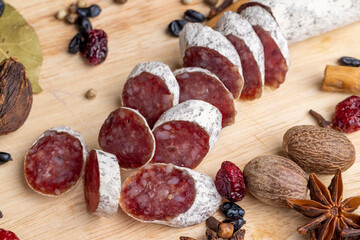 Veal sausage on the table during cooking