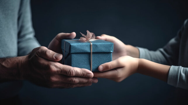 Hands Exchanging and Giving a Beautifully Wrapped Gift With Bow in Celebration of Fathers Day or a Masculine Birthday - Generative AI