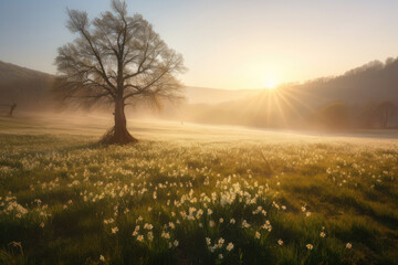 Amazing natural landscape with single tree and white wild growing daffodils in morning dew at sunrise.