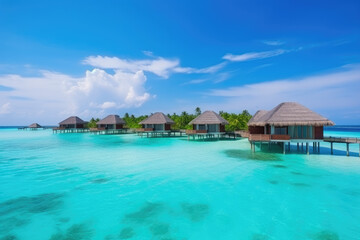 Stunning panorama of the Maldives. Luxury vacation villa sea view with palm trees, white sand and blue sky.