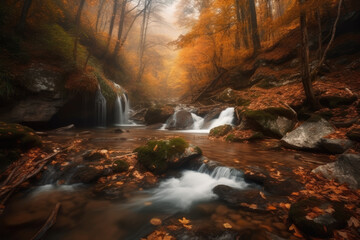 Amazing waterfall in autumn forest