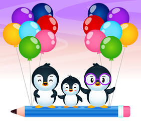 Cartoon Three Cute Penguins Riding On Flying Pencil
