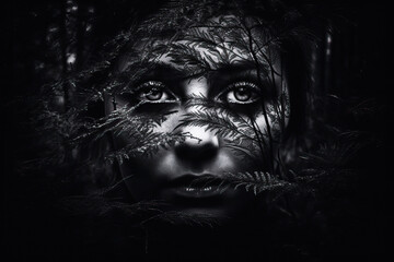 Woman's face emerging from the woods, black and white. Generative AI