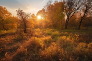 Naklejka na ściany i meble beautiful glade and trees in the autumn forest bright sunset and landscape in fall season