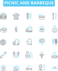 Picnic and barbeque vector line icons set. Picnic, Barbeque, BBQ, Outdoor, Grill, Cookout, Feast illustration outline concept symbols and signs