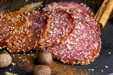 fresh sausage with sesame seeds and aromatic spices