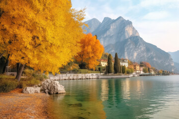 Beautiful and colorful autumn in Riva del Garda Lake Garda surrounded by mountains.