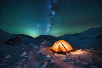 An orange-red tent was set up on the blue ice, and there was a soft and scorching light inside.