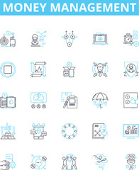 Money management vector line icons set. Budgeting, Investing, Savings, Finance, Expenditure, Credit, Profitability illustration outline concept symbols and signs