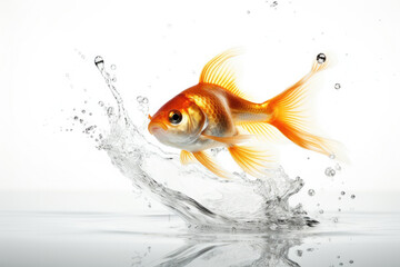 Beautiful goldfish jumping out of water on white background