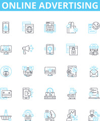 Online advertising vector line icons set. Online, Advertising, Digital, Ads, Marketing, Campaigns, Platforms illustration outline concept symbols and signs
