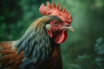 Close-up portrait of a beautiful rooster. AI generated, human enhanced