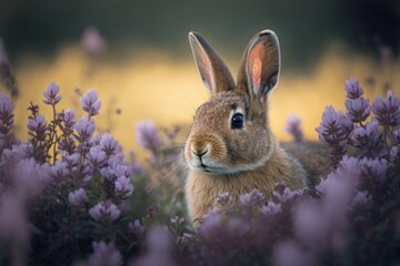 Fototapeta na wymiar Cute rabbit in nature in natural habitat. AI generated, human enhanced