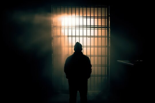 Hacker in prison cell. Selective focus. AI generated, human enhanced
