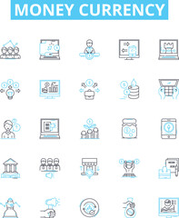 Money currency vector line icons set. Money, Currency, Dollars, Euro, Pound, Yen, Rupee illustration outline concept symbols and signs