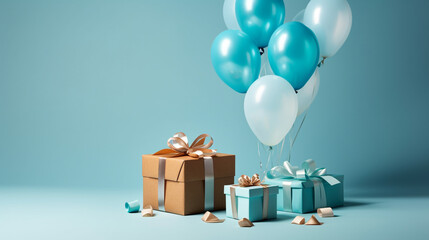 Wrapped Gifts with Ribbons and Balloons on Light Blue Backdrop - Masculine Fathers Day and Boys Birthday Colors - Generative AI