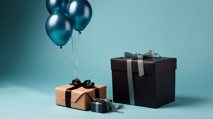 Wrapped Gifts with Ribbons and Balloons on Light Blue Backdrop - Masculine Fathers Day and Boys Birthday Colors - Generative AI