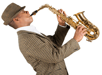 Saxophonist. Man playing on the gold saxophone - obrazy, fototapety, plakaty