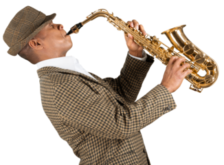 Saxophonist. Man playing on the gold saxophone