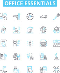 Office essentials vector line icons set. Desk, Chair, Pens, Printer, Paper, Computer, Mouse illustration outline concept symbols and signs
