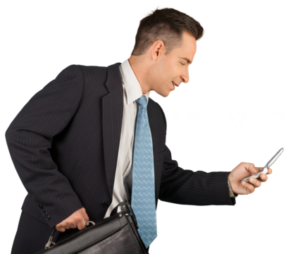 Portrait of a Businessman with Briefcase Using Smartphone