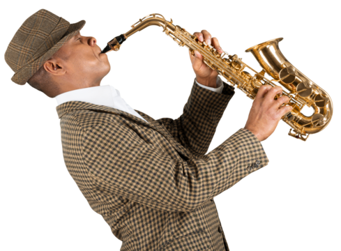 Saxophonist. Man playing on the gold saxophone