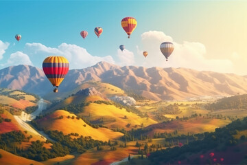 Fototapeta premium Beautiful panoramic nature landscape of countryside mountains with colorful high hot air balloons festival in summer sky. 