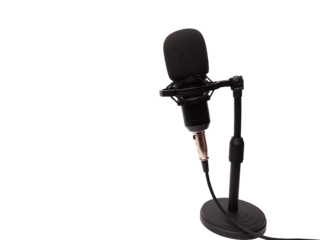 Picture of a black condenser microphone on a white isolated background