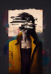 illustration, collage artistique d'une femme au visage effacé avec éléments chaotiques bruts, texture et peinture - obrazy, fototapety, plakaty