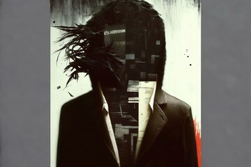 illustration, collage artistique d'une personne en costume sans visage avec éléments chaotiques - obrazy, fototapety, plakaty