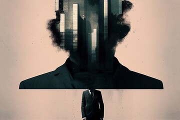 illustration AI abstraite d'homme d'affaire en costume avec visage caché en forme de bâtiment