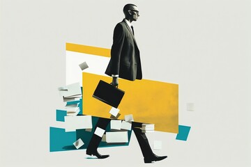 illustration AI, collage abstrait avec homme d'affaires en costume avec une valise découpé et formes de couleurs 