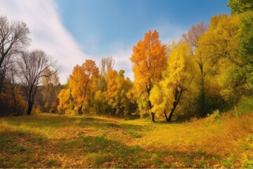 Fototapeta premium Colorful autumn park in sunny bright day. Beautiful autumn landscape with yellow and red trees.