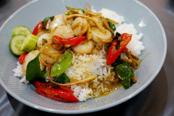 Spicy Stir Fried Scallops on jasmine rice, Thailand fast food  Spicy food, Thai street food