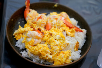 Fried Egg with Shrimp on jasmine rice, Thailand fast food