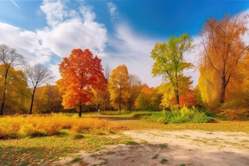 Fototapeta premium Colorful autumn park in sunny bright day. Beautiful autumn landscape with yellow and red trees.